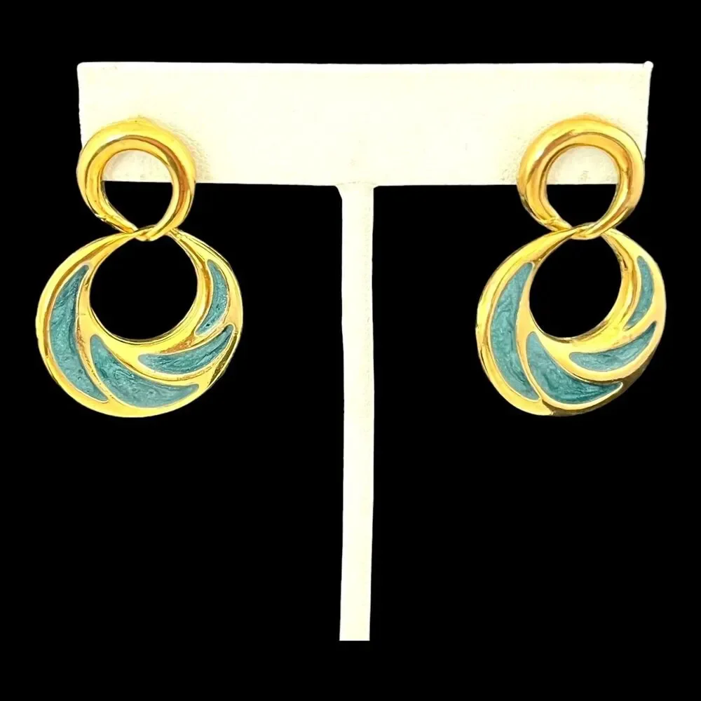 Vintage 1980s Gold Tone Open Circle Drop Earrings Teal Enamel Pierced - 3H E